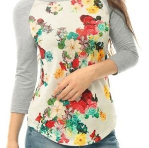 Allegra K Gray Floral Baseball Shirt L